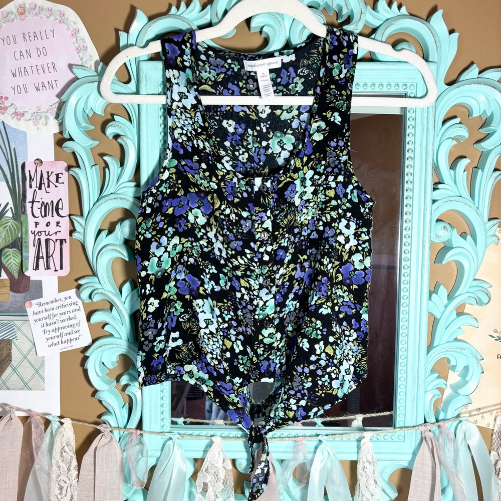 Ambiance Apparel Floral Button Up Black Green Sleeveless Top Women’s Size Small